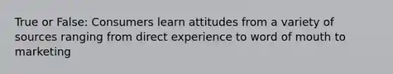 True or False: Consumers learn attitudes from a variety of sources ranging from direct experience to word of mouth to marketing