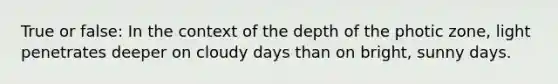 True or false: In the context of the depth of the photic zone, light penetrates deeper on cloudy days than on bright, sunny days.