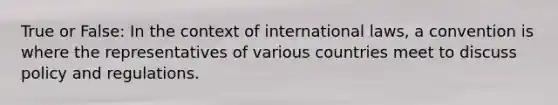 True or False: In the context of international laws, a convention is where the representatives of various countries meet to discuss policy and regulations.