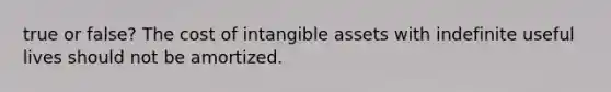 true or false? The cost of <a href='https://www.questionai.com/knowledge/kfaeAOzavC-intangible-assets' class='anchor-knowledge'>intangible assets</a> with indefinite useful lives should not be amortized.