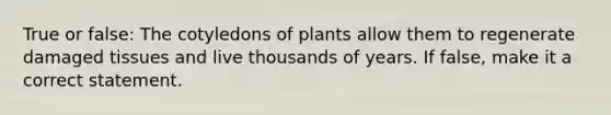 True or false: The cotyledons of plants allow them to regenerate damaged tissues and live thousands of years. If false, make it a correct statement.