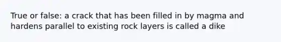 True or false: a crack that has been filled in by magma and hardens parallel to existing rock layers is called a dike