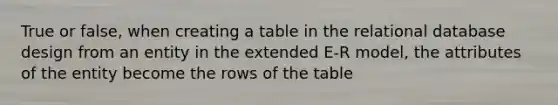 True or false, when creating a table in the relational database design from an entity in the extended E-R model, the attributes of the entity become the rows of the table