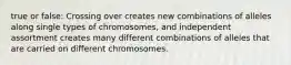 true or false: Crossing over creates new combinations of alleles along single types of chromosomes, and independent assortment creates many different combinations of alleles that are carried on different chromosomes.