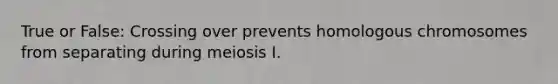 True or False: Crossing over prevents homologous chromosomes from separating during meiosis I.