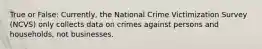 True or False: Currently, the National Crime Victimization Survey (NCVS) only collects data on crimes against persons and households, not businesses.