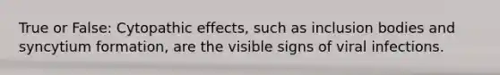 True or False: Cytopathic effects, such as inclusion bodies and syncytium formation, are the visible signs of viral infections.