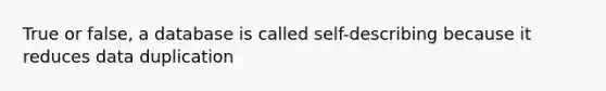 True or false, a database is called self-describing because it reduces data duplication