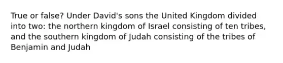 True or false? Under David's sons the United Kingdom divided into two: the northern kingdom of Israel consisting of ten tribes, and the southern kingdom of Judah consisting of the tribes of Benjamin and Judah