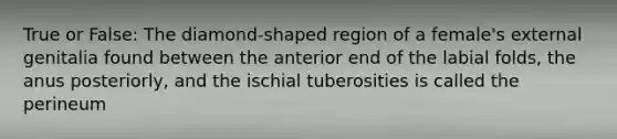 True or False: The diamond-shaped region of a female's external genitalia found between the anterior end of the labial folds, the anus posteriorly, and the ischial tuberosities is called the perineum