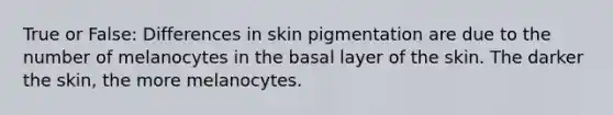 True or False: Differences in skin pigmentation are due to the number of melanocytes in the basal layer of the skin. The darker the skin, the more melanocytes.