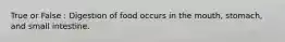True or False : Digestion of food occurs in the mouth, stomach, and small intestine.