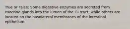 True or False: Some digestive enzymes are secreted from exocrine glands into the lumen of the GI tract, while others are located on the basolateral membranes of the intestinal epithelium.