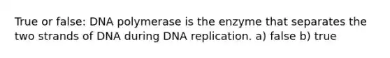 True or false: DNA polymerase is the enzyme that separates the two strands of DNA during DNA replication. a) false b) true