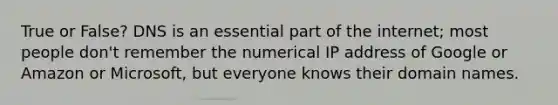 True or False? DNS is an essential part of the internet; most people don't remember the numerical IP address of Google or Amazon or Microsoft, but everyone knows their domain names.