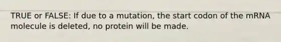 TRUE or FALSE: If due to a mutation, the start codon of the mRNA molecule is deleted, no protein will be made.