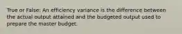 True or False: An efficiency variance is the difference between the actual output attained and the budgeted output used to prepare the master budget.