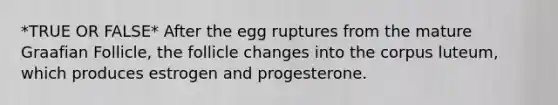 *TRUE OR FALSE* After the egg ruptures from the mature Graafian Follicle, the follicle changes into the corpus luteum, which produces estrogen and progesterone.