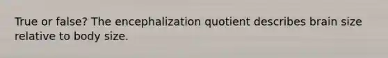 True or false? The encephalization quotient describes brain size relative to body size.