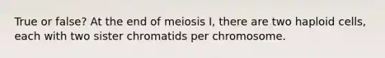 True or false? At the end of meiosis I, there are two haploid cells, each with two sister chromatids per chromosome.