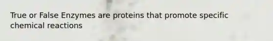 True or False Enzymes are proteins that promote specific <a href='https://www.questionai.com/knowledge/kc6NTom4Ep-chemical-reactions' class='anchor-knowledge'>chemical reactions</a>