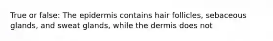 True or false: The epidermis contains hair follicles, sebaceous glands, and sweat glands, while the dermis does not