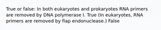 True or false: In both eukaryotes and prokaryotes RNA primers are removed by DNA polymerase I. True (In eukaryotes, RNA primers are removed by flap endonuclease.) False