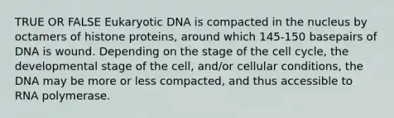 TRUE OR FALSE Eukaryotic DNA is compacted in the nucleus by octamers of histone proteins, around which 145-150 basepairs of DNA is wound. Depending on the stage of the cell cycle, the developmental stage of the cell, and/or cellular conditions, the DNA may be more or less compacted, and thus accessible to RNA polymerase.