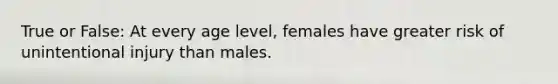 True or False: At every age level, females have greater risk of unintentional injury than males.