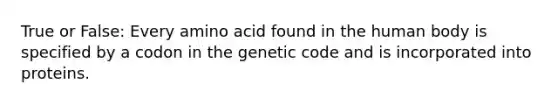 True or False: Every amino acid found in the human body is specified by a codon in the genetic code and is incorporated into proteins.