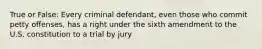 True or False: Every criminal defendant, even those who commit petty offenses, has a right under the sixth amendment to the U.S. constitution to a trial by jury