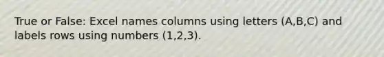 True or False: Excel names columns using letters (A,B,C) and labels rows using numbers (1,2,3).