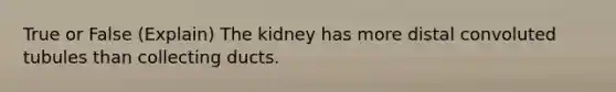 True or False (Explain) The kidney has more distal convoluted tubules than collecting ducts.