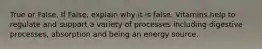 True or False. If False, explain why it is false. Vitamins help to regulate and support a variety of processes including digestive processes, absorption and being an energy source.