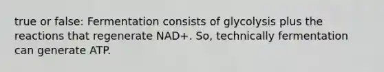 true or false: Fermentation consists of glycolysis plus the reactions that regenerate NAD+. So, technically fermentation can generate ATP.