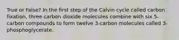 True or False? In the first step of the Calvin cycle called carbon fixation, three carbon dioxide molecules combine with six 5-carbon compounds to form twelve 3-carbon molecules called 3-phosphoglycerate.