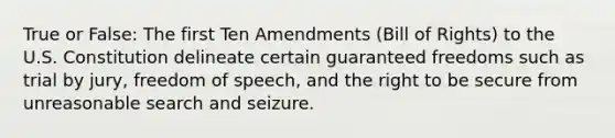 True or False: The first Ten Amendments (Bill of Rights) to the U.S. Constitution delineate certain guaranteed freedoms such as trial by jury, freedom of speech, and the right to be secure from unreasonable search and seizure.