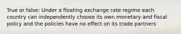 True or false: Under a floating exchange rate regime each country can independently choose its own monetary and fiscal policy and the policies have no effect on its trade partners