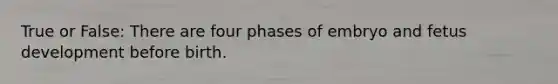 True or False: There are four phases of embryo and fetus development before birth.