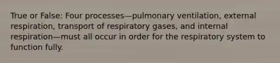 True or False: Four processes—pulmonary ventilation, external respiration, transport of respiratory gases, and internal respiration—must all occur in order for the respiratory system to function fully.