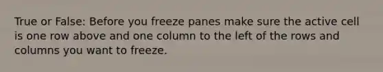 True or False: Before you freeze panes make sure the active cell is one row above and one column to the left of the rows and columns you want to freeze.