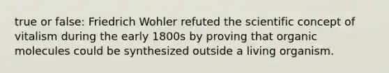 true or false: Friedrich Wohler refuted the scientific concept of vitalism during the early 1800s by proving that organic molecules could be synthesized outside a living organism.