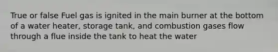 True or false Fuel gas is ignited in the main burner at the bottom of a water heater, storage tank, and combustion gases flow through a flue inside the tank to heat the water