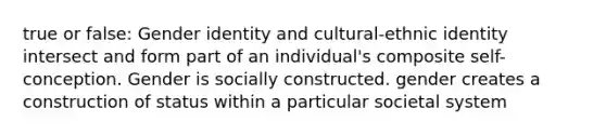 true or false: Gender identity and cultural-ethnic identity intersect and form part of an individual's composite self-conception. Gender is socially constructed. gender creates a construction of status within a particular societal system