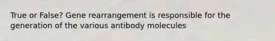 True or False? Gene rearrangement is responsible for the generation of the various antibody molecules