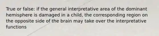 True or false: if the general interpretative area of the dominant hemisphere is damaged in a child, the corresponding region on the opposite side of the brain may take over the interpretative functions