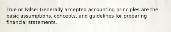 True or False: <a href='https://www.questionai.com/knowledge/kwjD9YtMH2-generally-accepted-accounting-principles' class='anchor-knowledge'>generally accepted accounting principles</a> are the basic assumptions, concepts, and guidelines for preparing <a href='https://www.questionai.com/knowledge/kFBJaQCz4b-financial-statements' class='anchor-knowledge'>financial statements</a>.