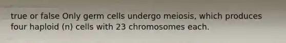 true or false Only germ cells undergo meiosis, which produces four haploid (n) cells with 23 chromosomes each.