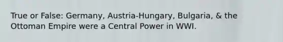 True or False: Germany, Austria-Hungary, Bulgaria, & the Ottoman Empire were a Central Power in WWI.