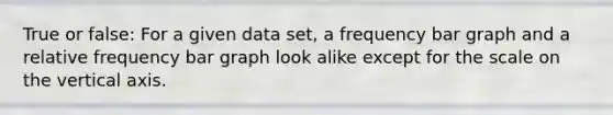 True or false: For a given data set, a frequency bar graph and a relative frequency bar graph look alike except for the scale on the vertical axis.